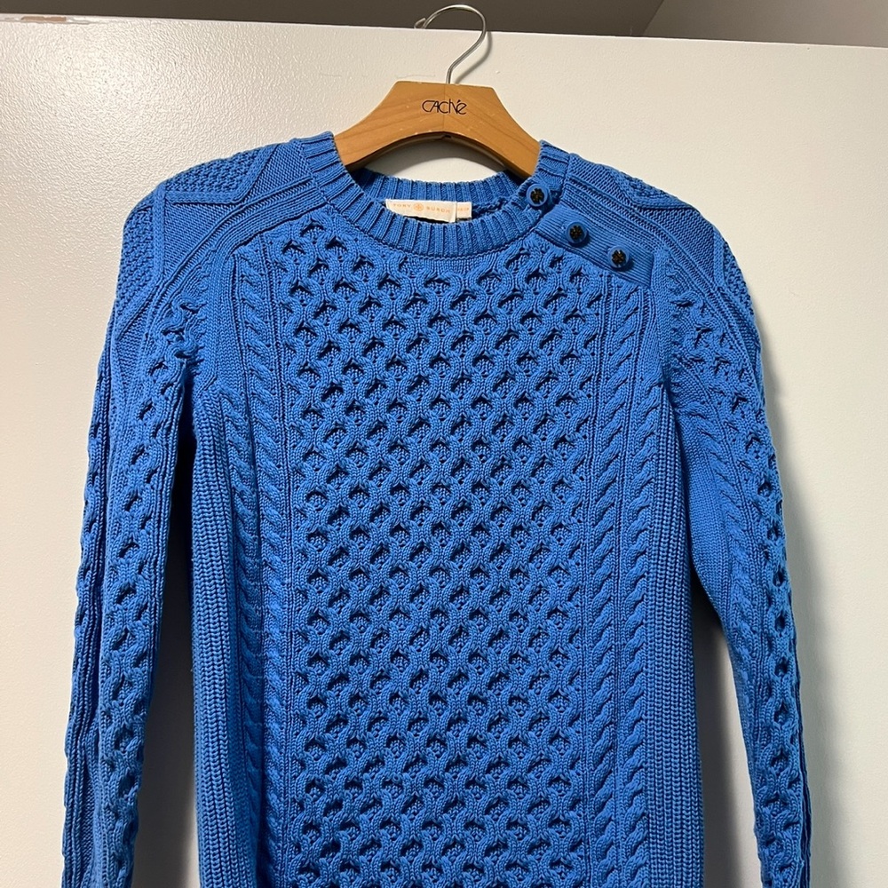Tory Burch Blue Crewneck Sweater with Cable Knit Design and Logo Buttons